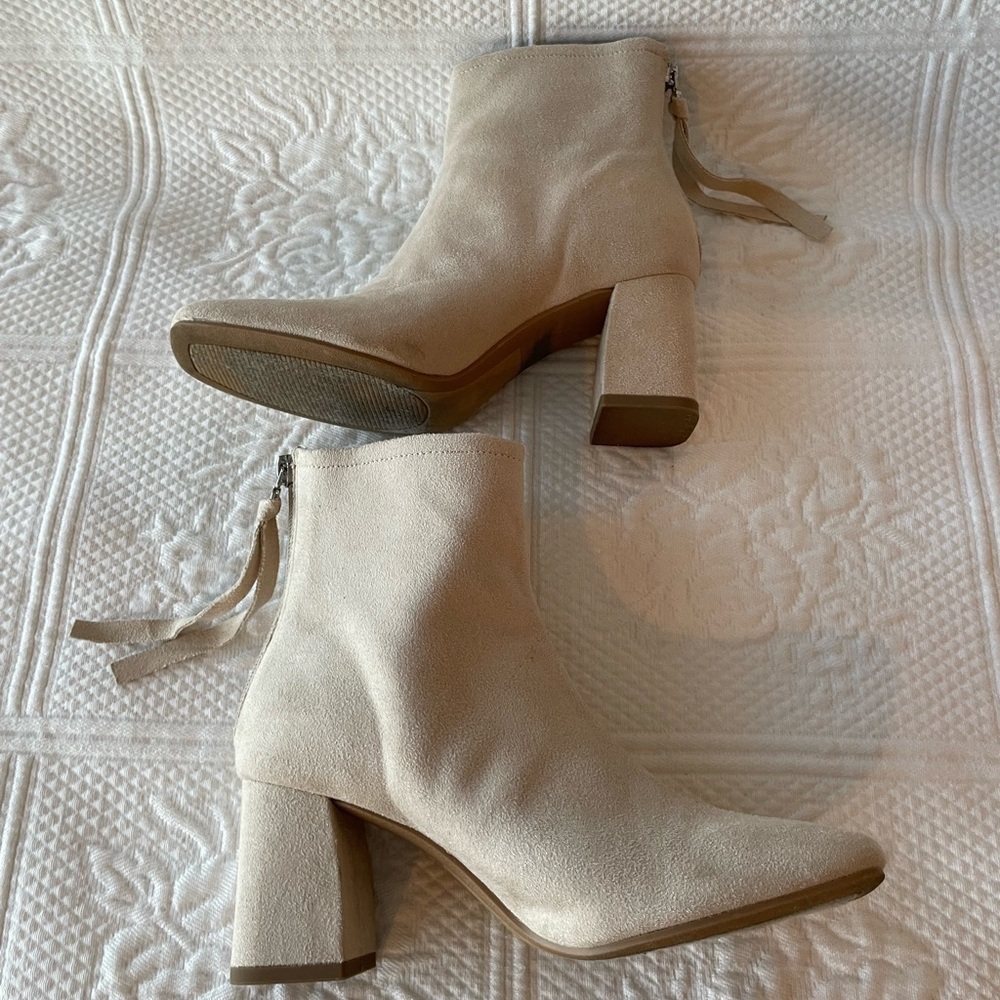 Delicious Faux Suede Square Toe Block Heel Ankle Boots Cream/Nude/Beige - Picture 9 of 11